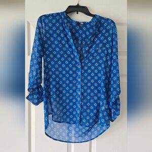 KUT from the‎ Kloth Blue Geometric Tile Print Roll Tab Sleeve Blouse Small